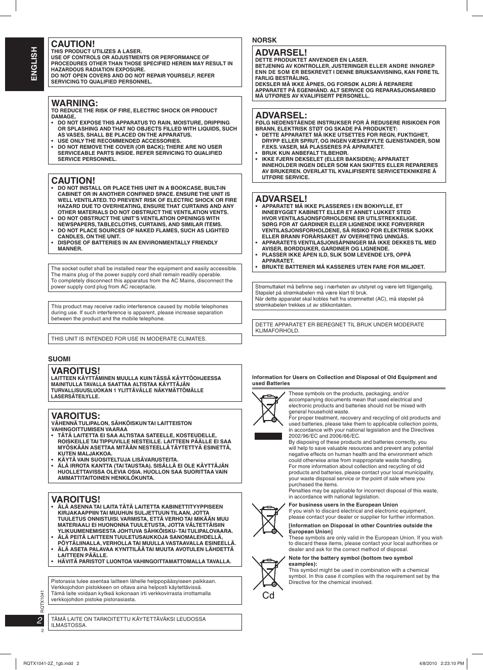 Caution, Warning, Varoitus | Advarsel | Panasonic RXD50EG User Manual | Page 2 / 28