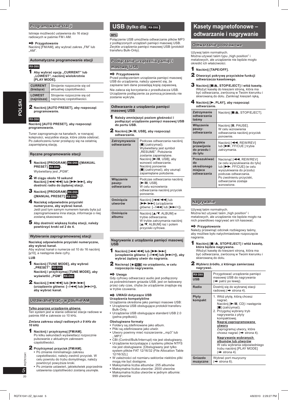 Kasety magnetofonowe – odtwarzanie i nagrywanie | Panasonic RXD50EG User Manual | Page 20 / 28