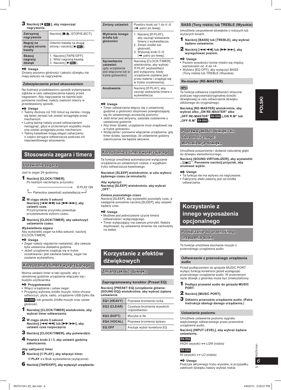 Stosowania zegara i timera, Korzystanie z efektów dźwiękowych, Korzystanie z innego wyposażenia opcjonalnego | Panasonic RXD50EG User Manual | Page 21 / 28