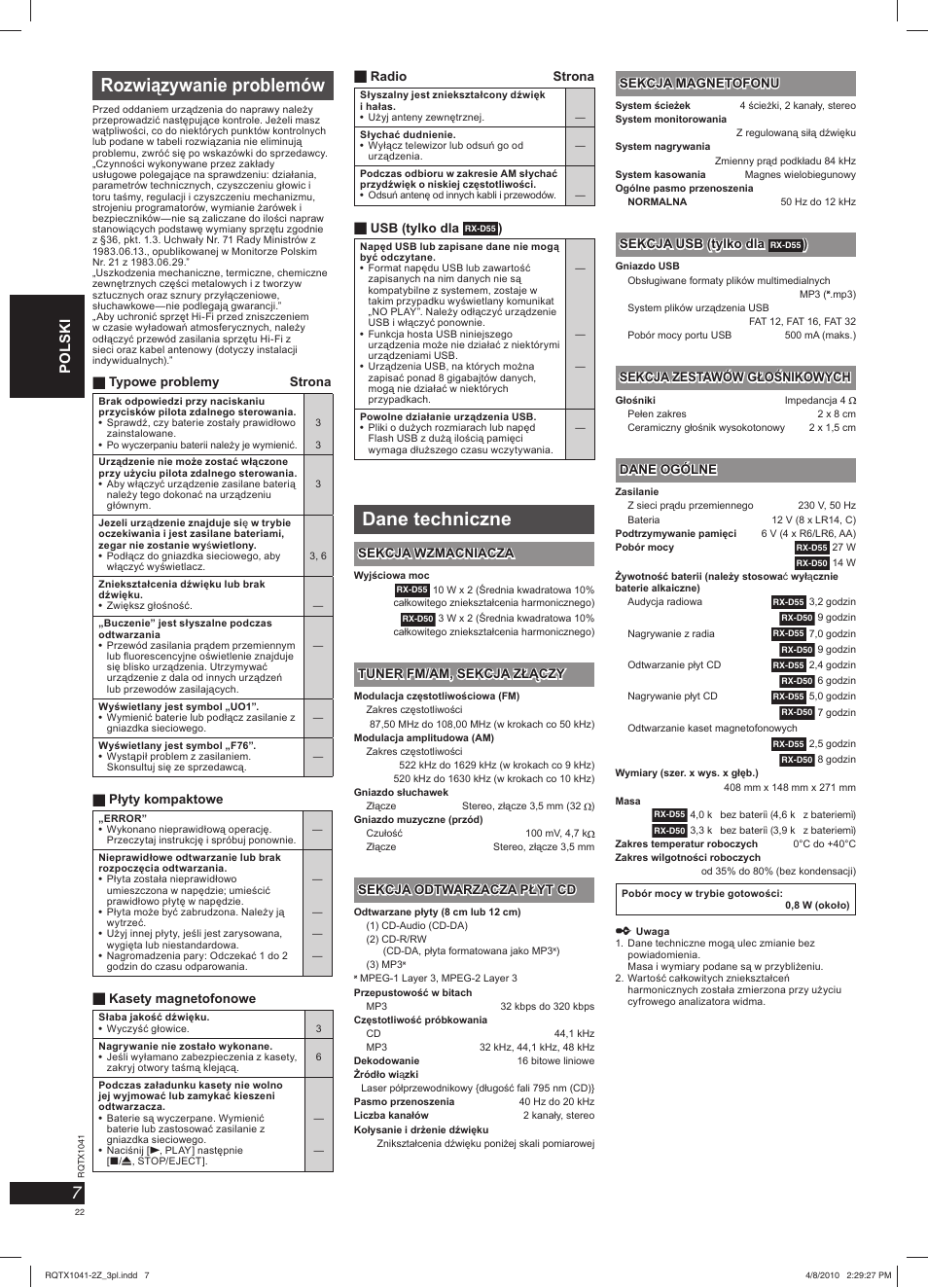Rozwiązywanie problemów, Dane techniczne | Panasonic RXD50EG User Manual | Page 22 / 28