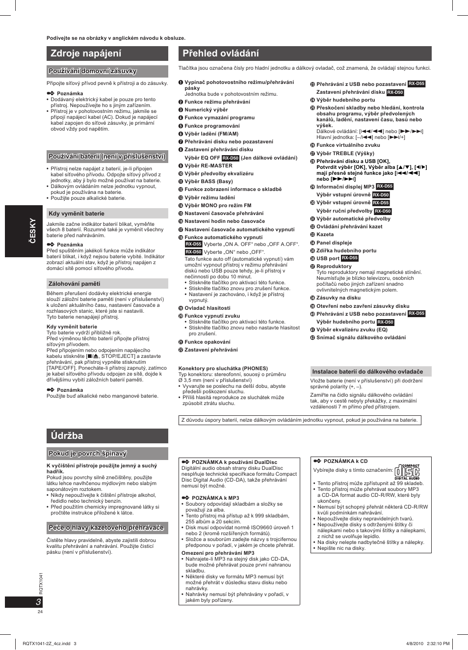Zdroje napájení, Přehled ovládání, Údržba | Panasonic RXD50EG User Manual | Page 24 / 28