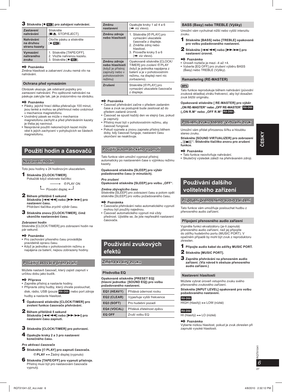 Použití hodin a časovačů, Používání zvukových efektů, Používání dalšího volitelného zařízení | Panasonic RXD50EG User Manual | Page 27 / 28
