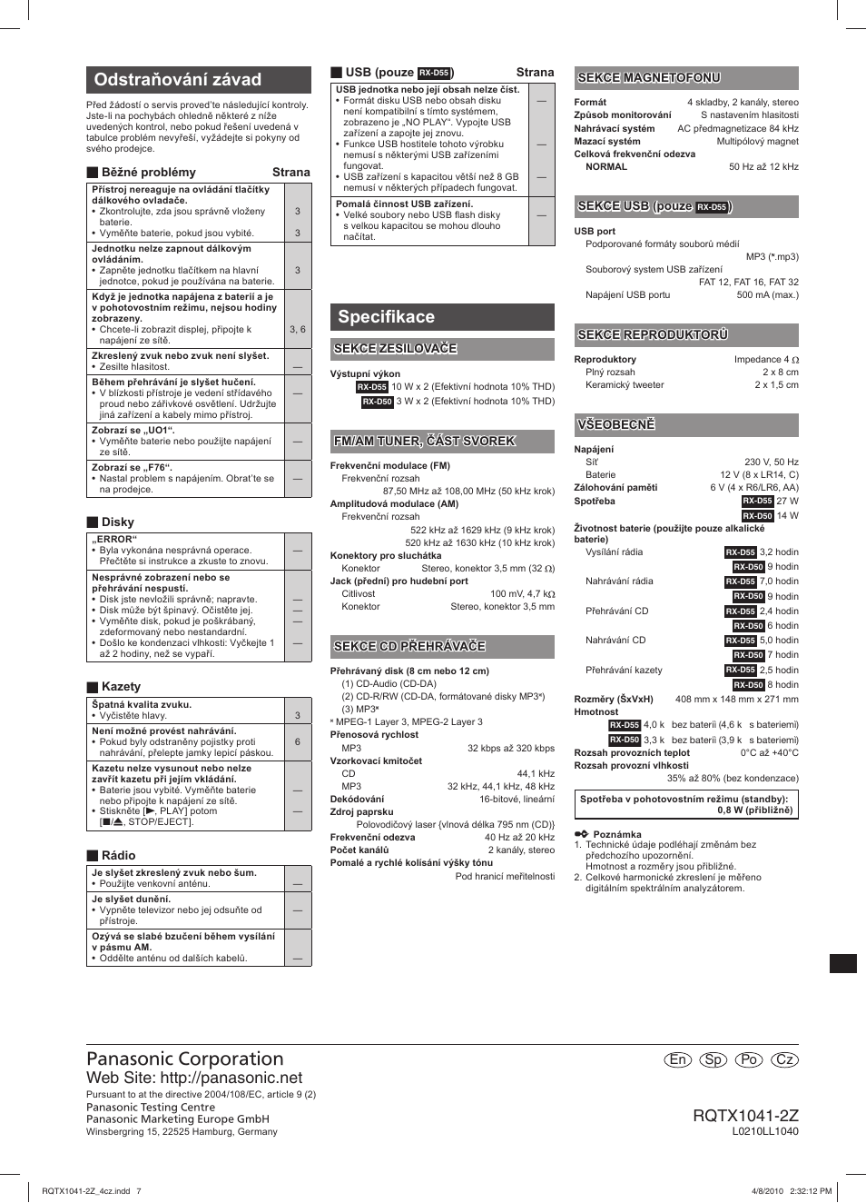 Odstraňování závad, Specifi kace | Panasonic RXD50EG User Manual | Page 28 / 28