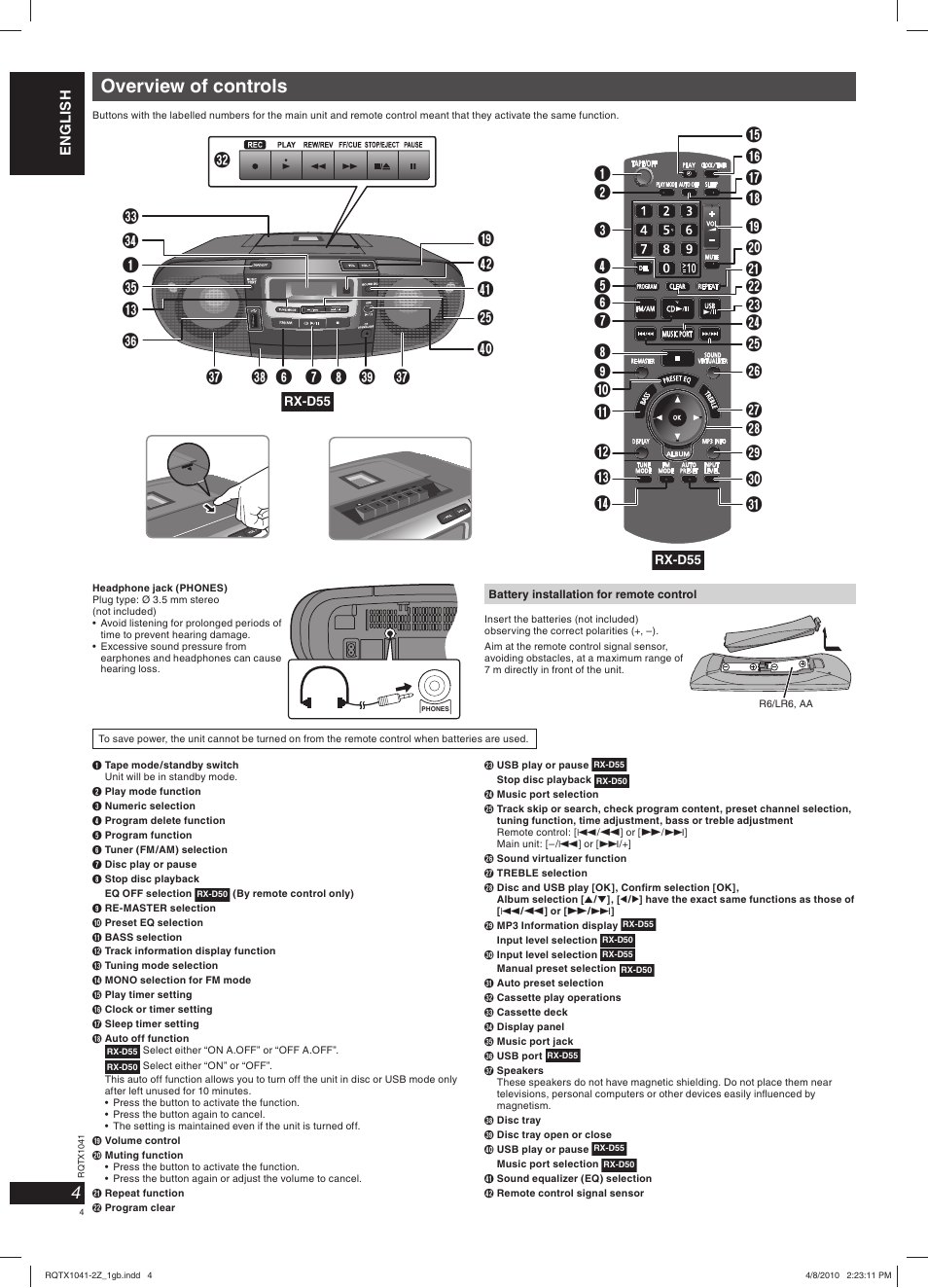 Overview of controls | Panasonic RXD50EG User Manual | Page 4 / 28