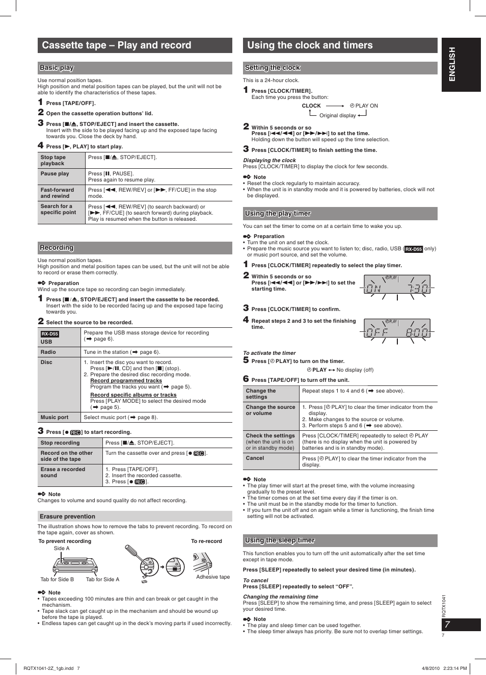 Cassette tape – play and record, Using the clock and timers | Panasonic RXD50EG User Manual | Page 7 / 28