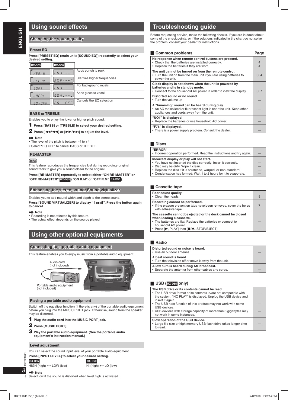 Using other optional equipments, Using sound effects, Troubleshooting guide | Panasonic RXD50EG User Manual | Page 8 / 28