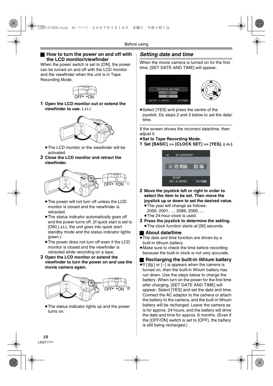 Setting date and time | Panasonic NVGS60EP User Manual | Page 10 / 192