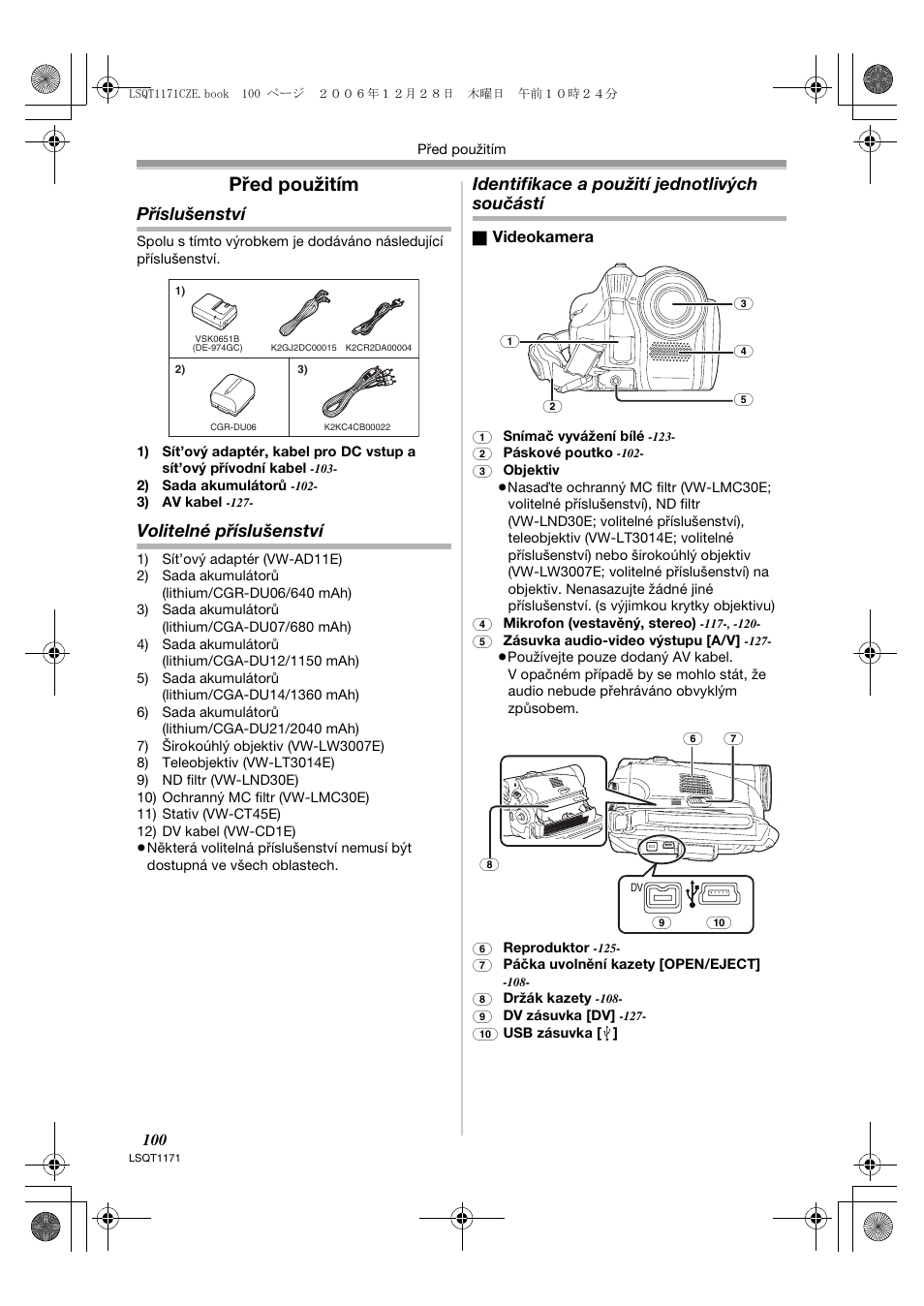 Před použitím, Příslušenství, Volitelné příslušenství | Identifikace a použití jednotlivých součástí | Panasonic NVGS60EP User Manual | Page 100 / 192