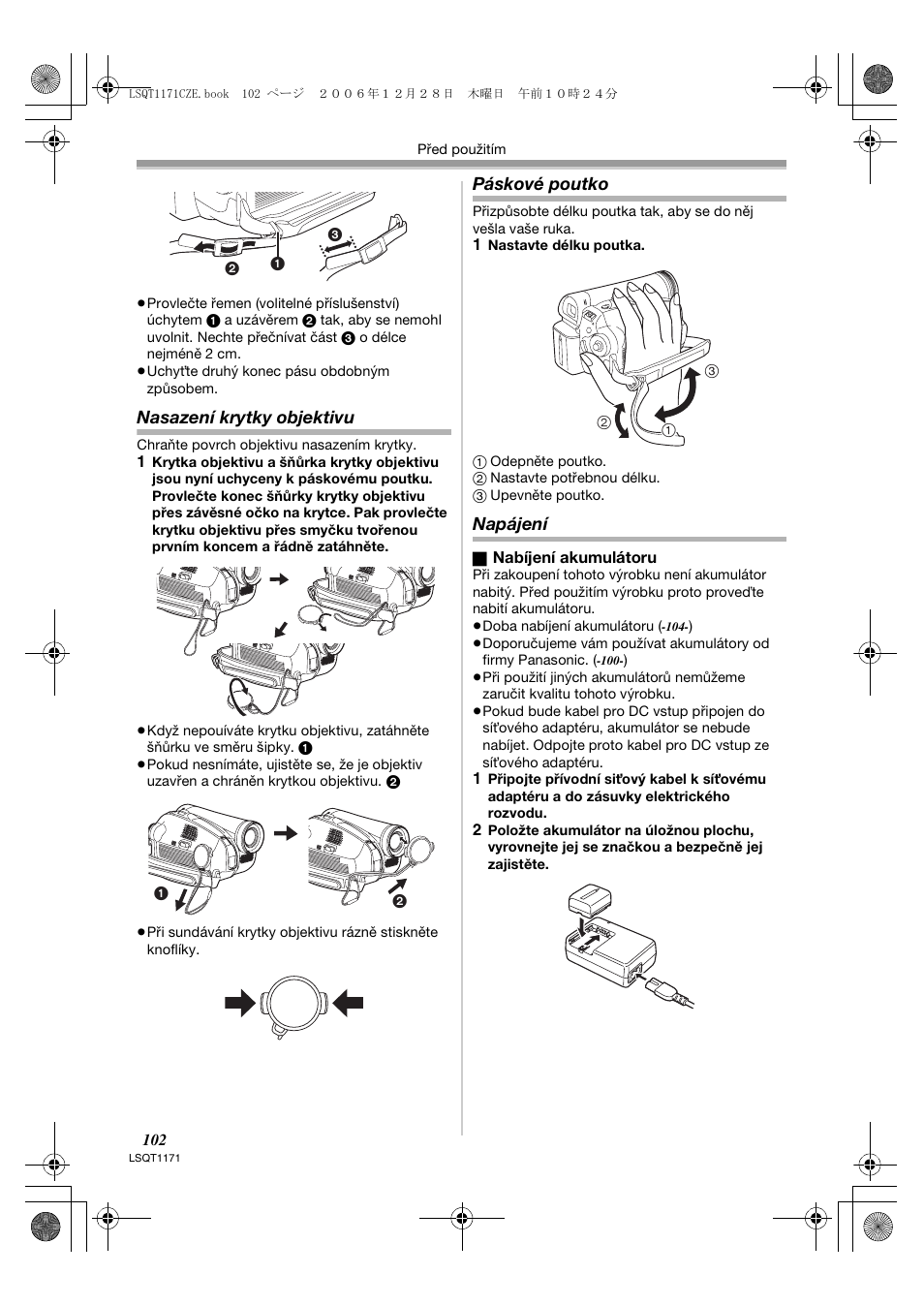 Nasazení krytky objektivu, Páskové poutko, Napájení | Panasonic NVGS60EP User Manual | Page 102 / 192