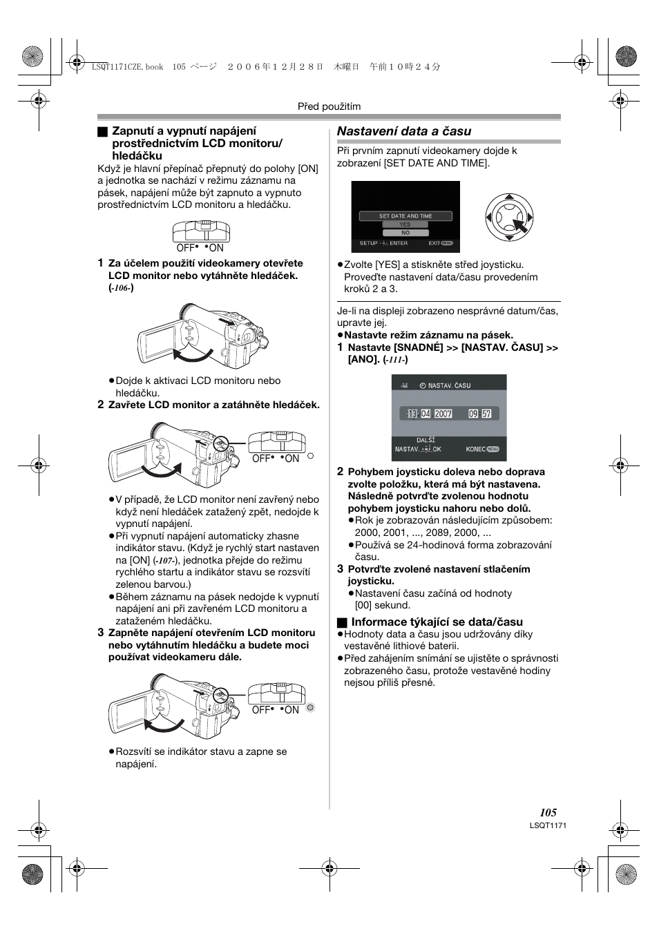 Nastavení data a času | Panasonic NVGS60EP User Manual | Page 105 / 192