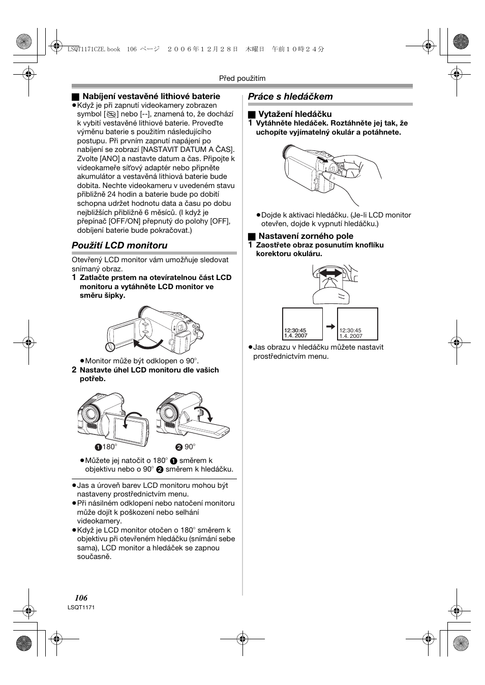 Použití lcd monitoru, Práce s hledáčkem | Panasonic NVGS60EP User Manual | Page 106 / 192