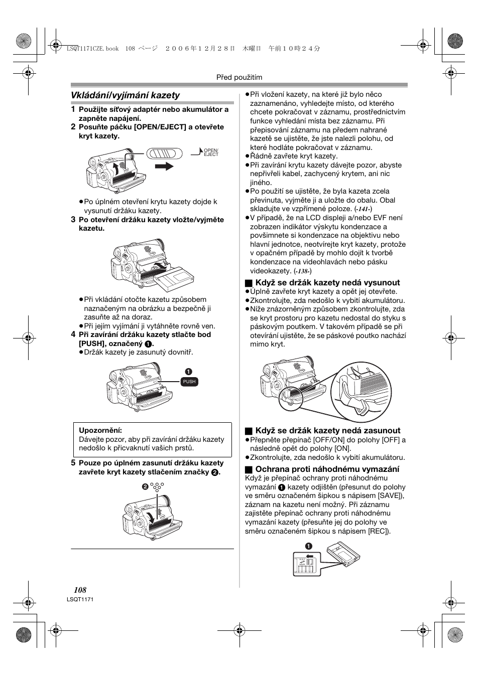 Vkládání/vyjímání kazety | Panasonic NVGS60EP User Manual | Page 108 / 192