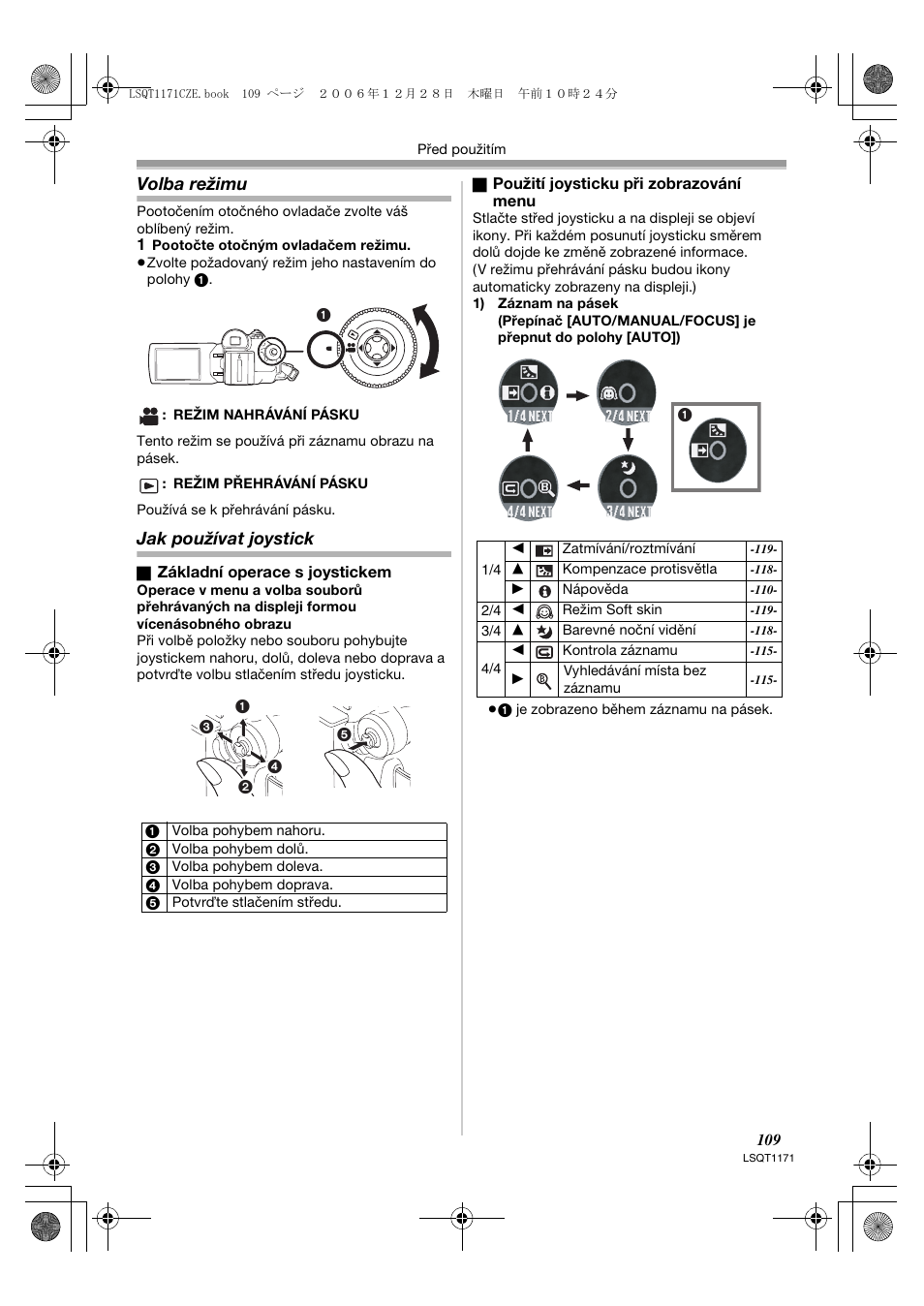 Volba režimu, Jak používat joystick | Panasonic NVGS60EP User Manual | Page 109 / 192
