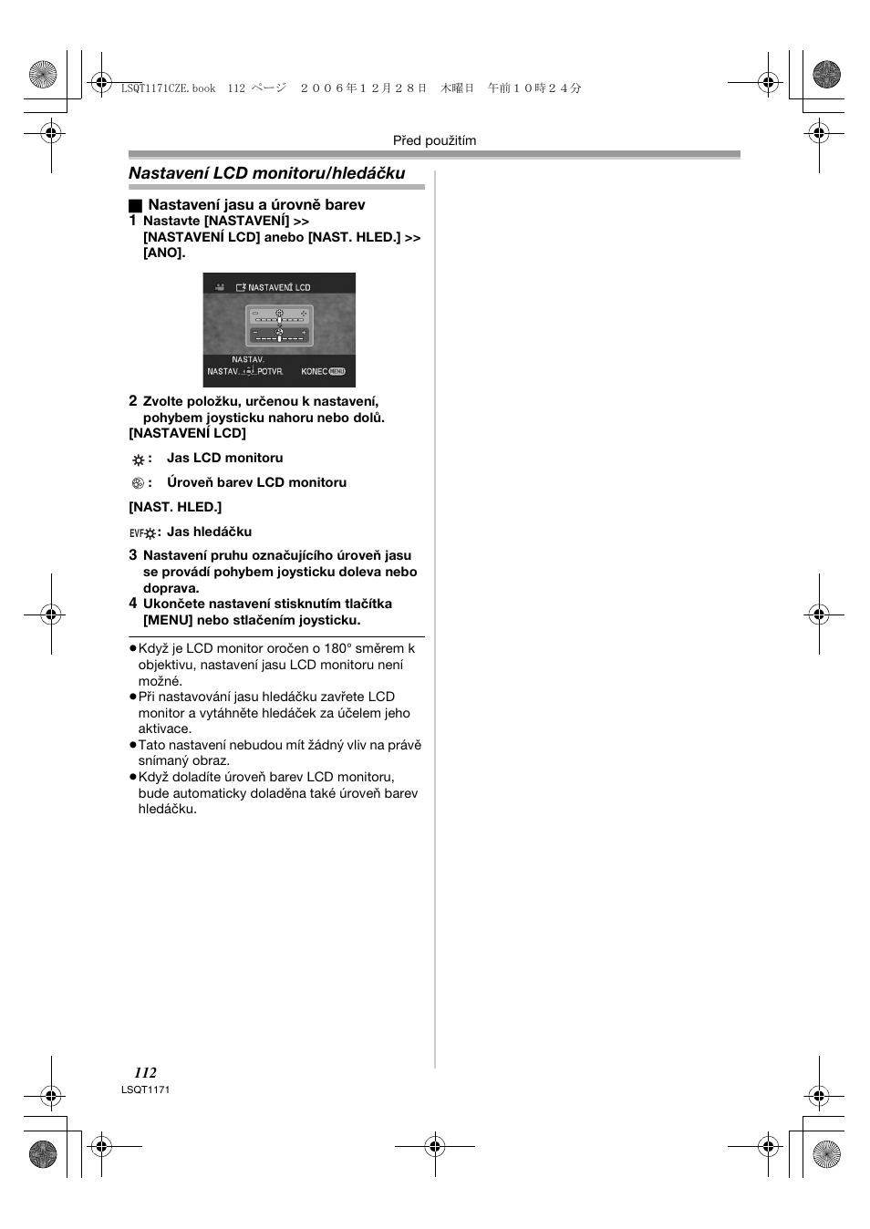 Nastavení lcd monitoru/hledáčku | Panasonic NVGS60EP User Manual | Page 112 / 192
