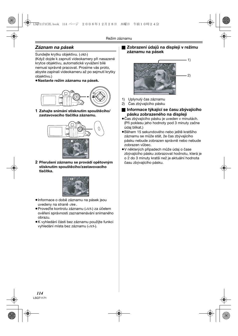 Záznam na pásek | Panasonic NVGS60EP User Manual | Page 114 / 192