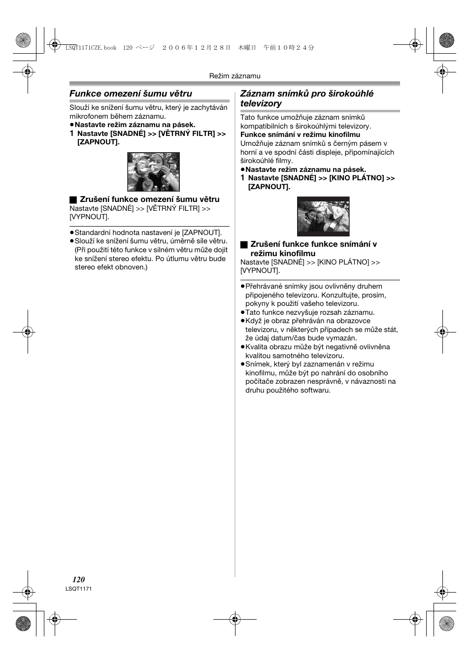 Funkce omezení šumu větru, Záznam snímků pro širokoúhlé televizory | Panasonic NVGS60EP User Manual | Page 120 / 192