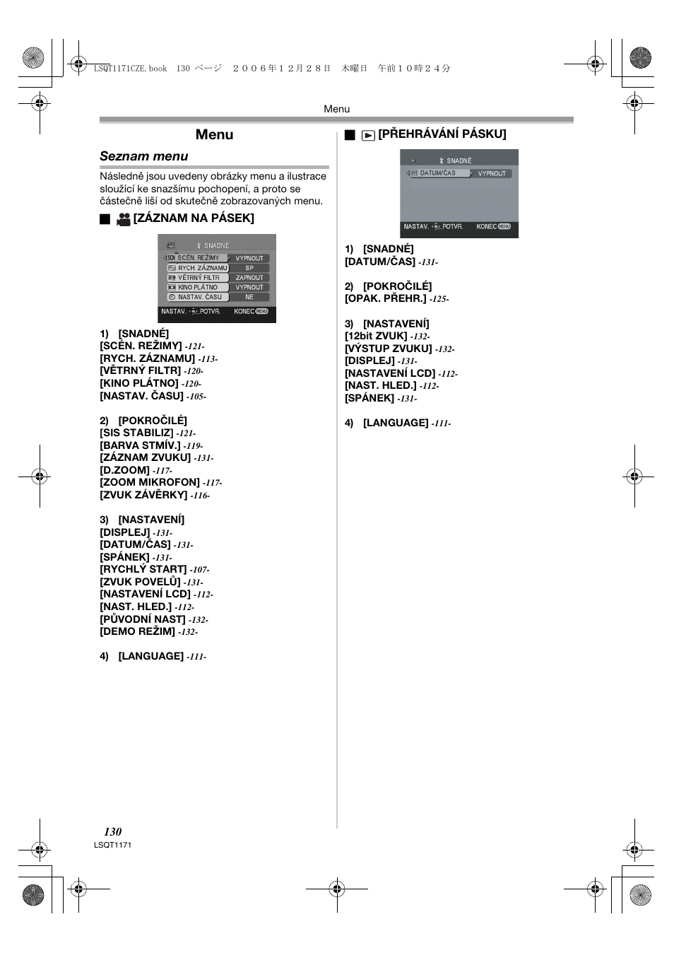 Menu, Seznam menu | Panasonic NVGS60EP User Manual | Page 130 / 192