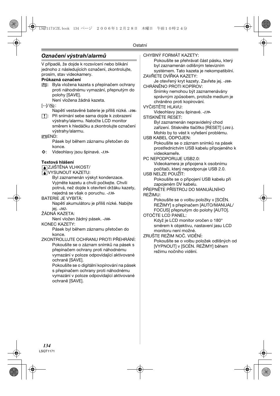 Označení výstrah/alarmů | Panasonic NVGS60EP User Manual | Page 134 / 192