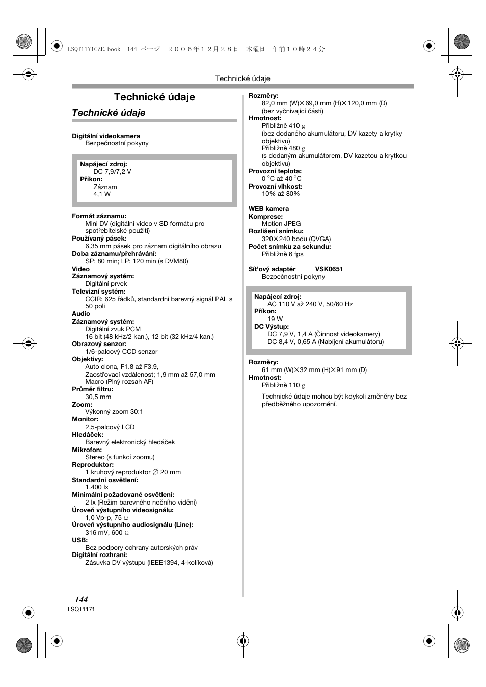 Technické údaje | Panasonic NVGS60EP User Manual | Page 144 / 192