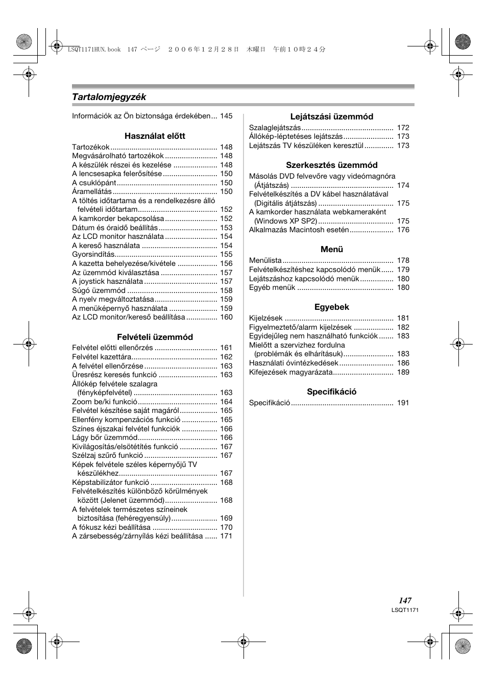 Tartalomjegyzék | Panasonic NVGS60EP User Manual | Page 147 / 192