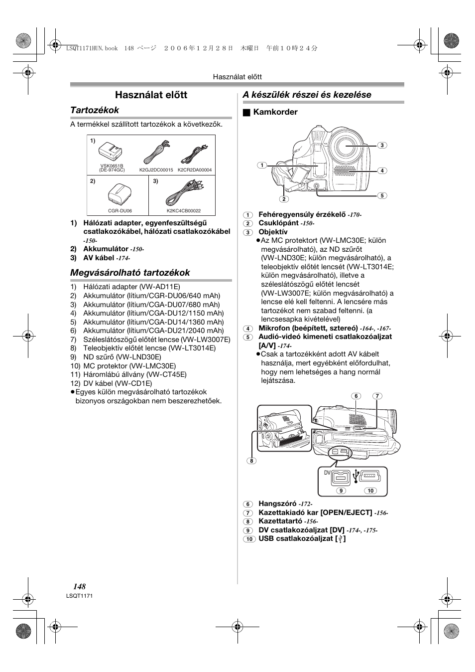 Használat előtt, Tartozékok, Megvásárolható tartozékok | A készülék részei és kezelése | Panasonic NVGS60EP User Manual | Page 148 / 192
