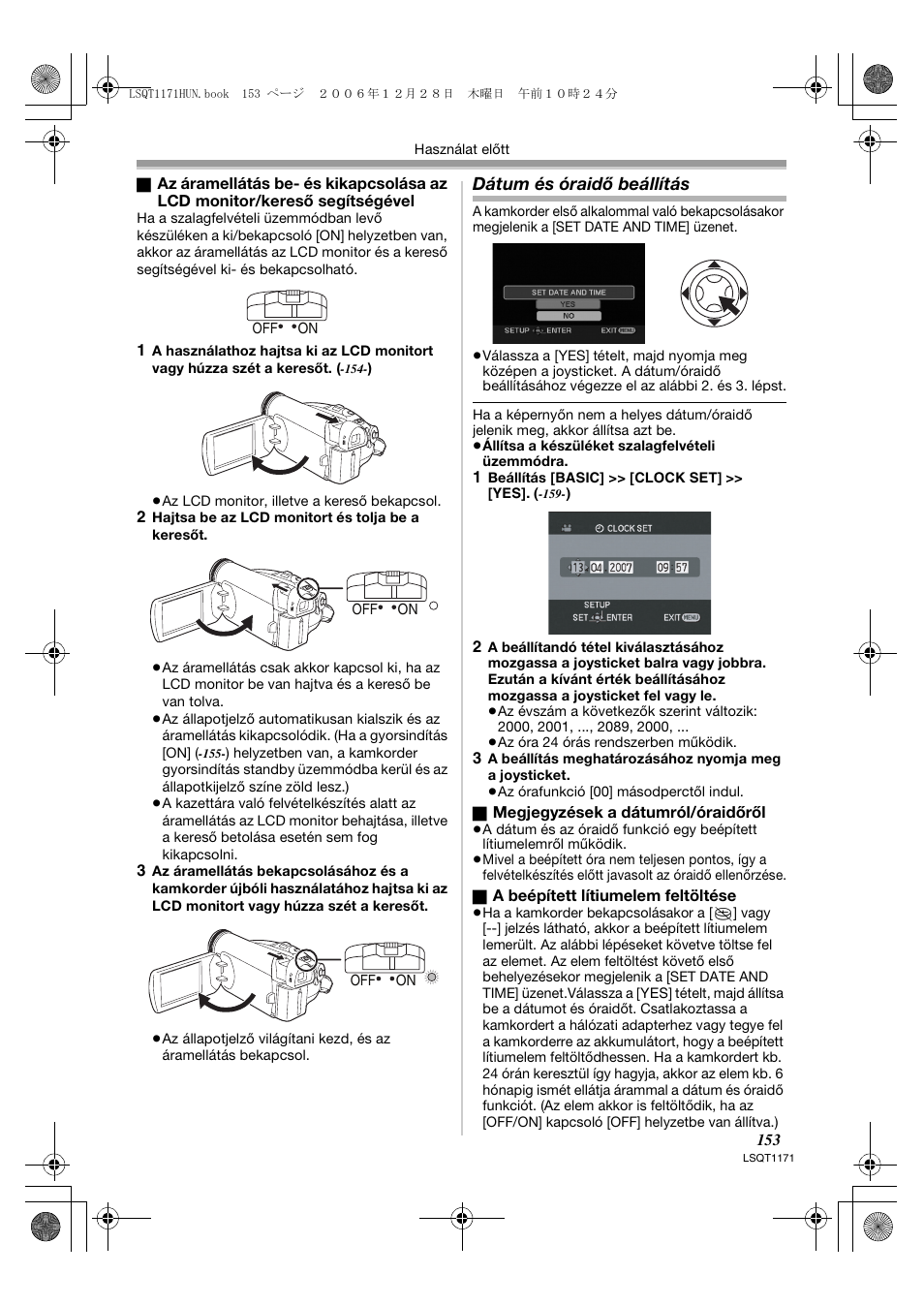 Dátum és óraidő beállítás | Panasonic NVGS60EP User Manual | Page 153 / 192