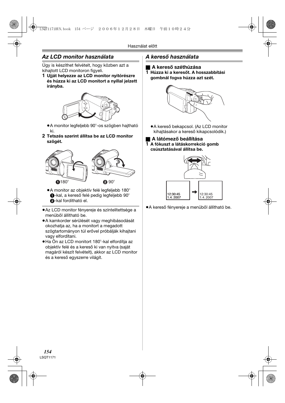 Az lcd monitor használata, A kereső használata | Panasonic NVGS60EP User Manual | Page 154 / 192