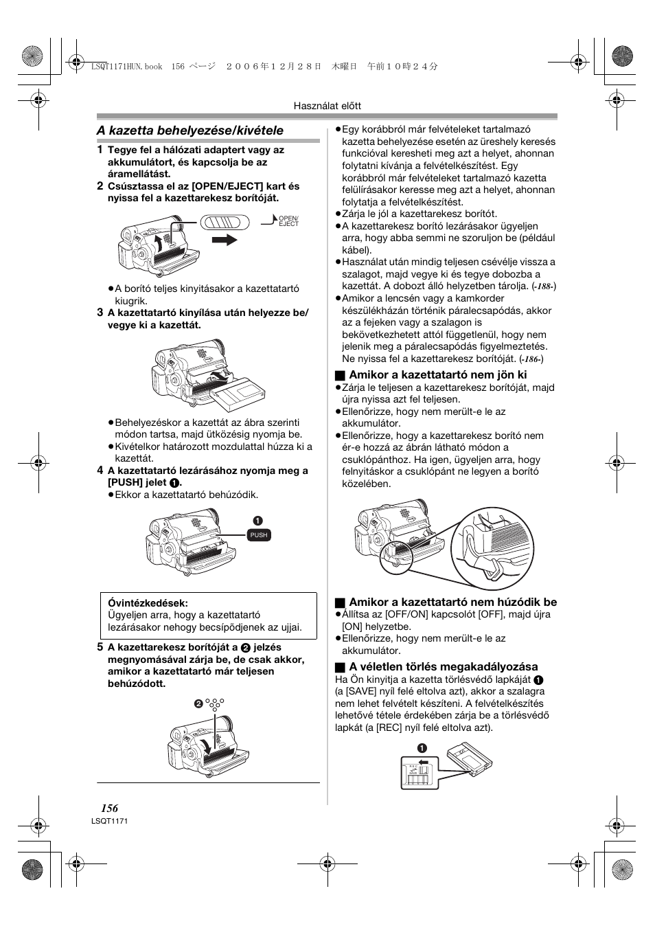 A kazetta behelyezése/kivétele | Panasonic NVGS60EP User Manual | Page 156 / 192