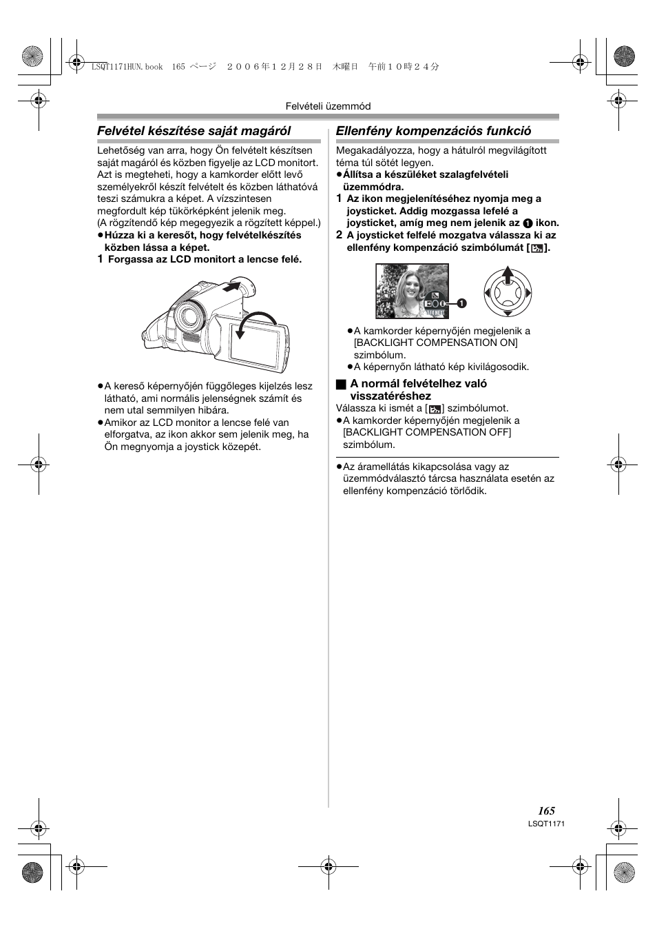 Felvétel készítése saját magáról, Ellenfény kompenzációs funkció | Panasonic NVGS60EP User Manual | Page 165 / 192