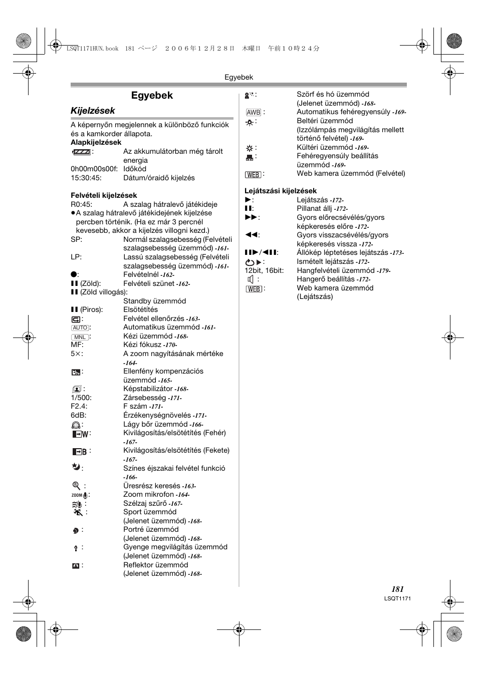 Egyebek, Kijelzések | Panasonic NVGS60EP User Manual | Page 181 / 192
