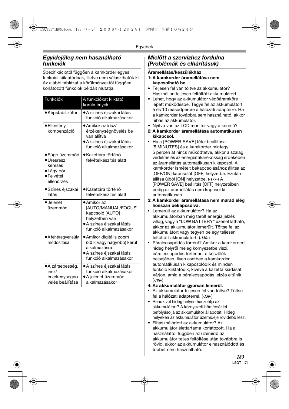 Egyidejűleg nem használható funkciók | Panasonic NVGS60EP User Manual | Page 183 / 192