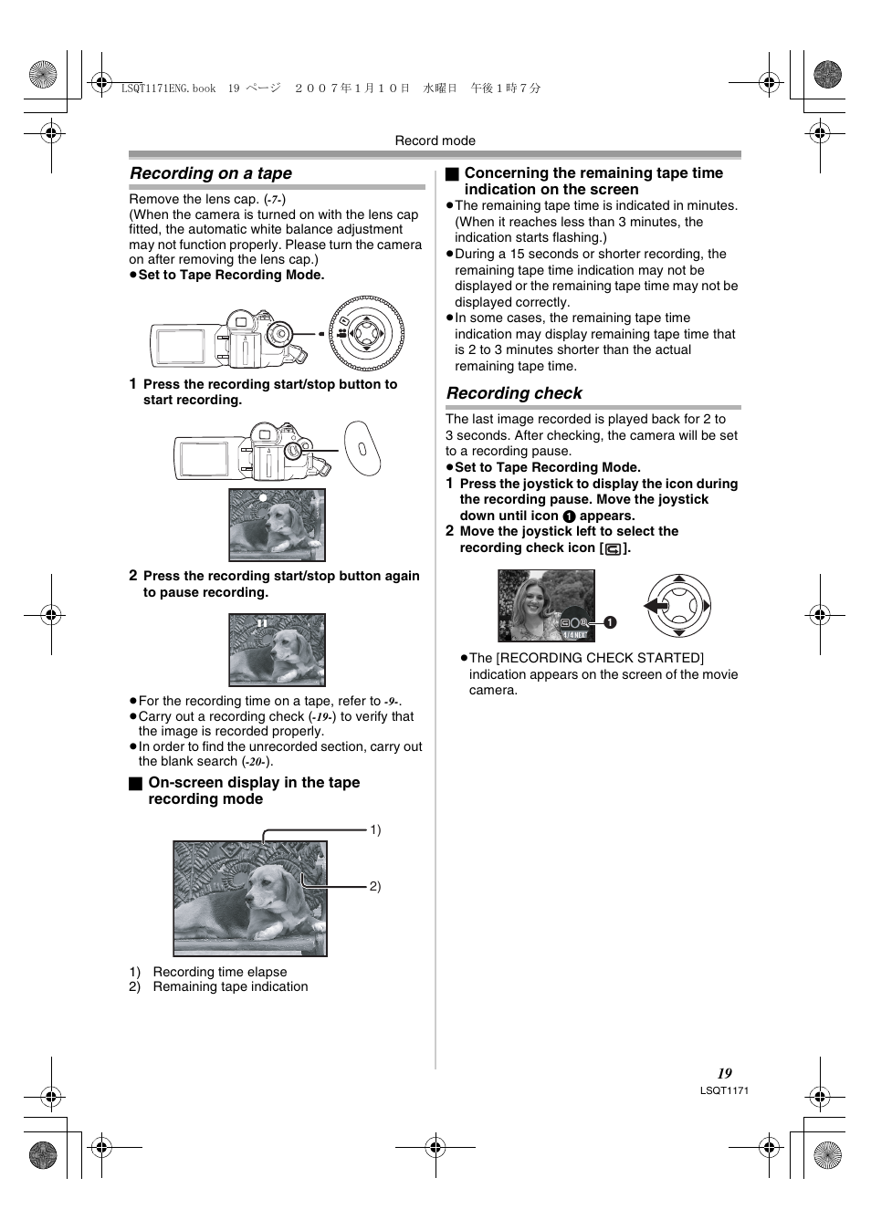 Recording on a tape, Recording check | Panasonic NVGS60EP User Manual | Page 19 / 192