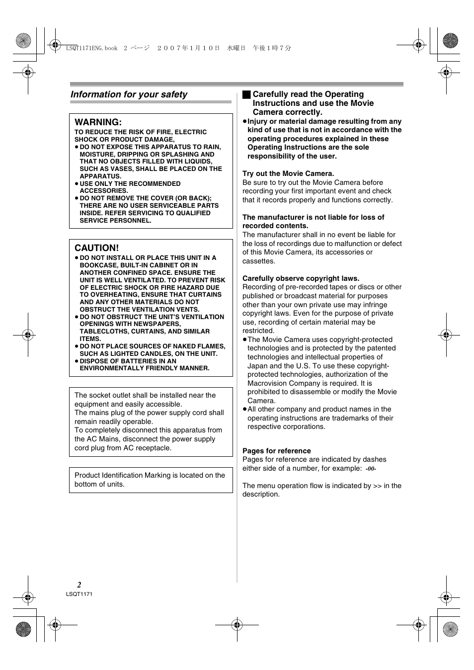 Information for your safety, Warning, Caution | Panasonic NVGS60EP User Manual | Page 2 / 192