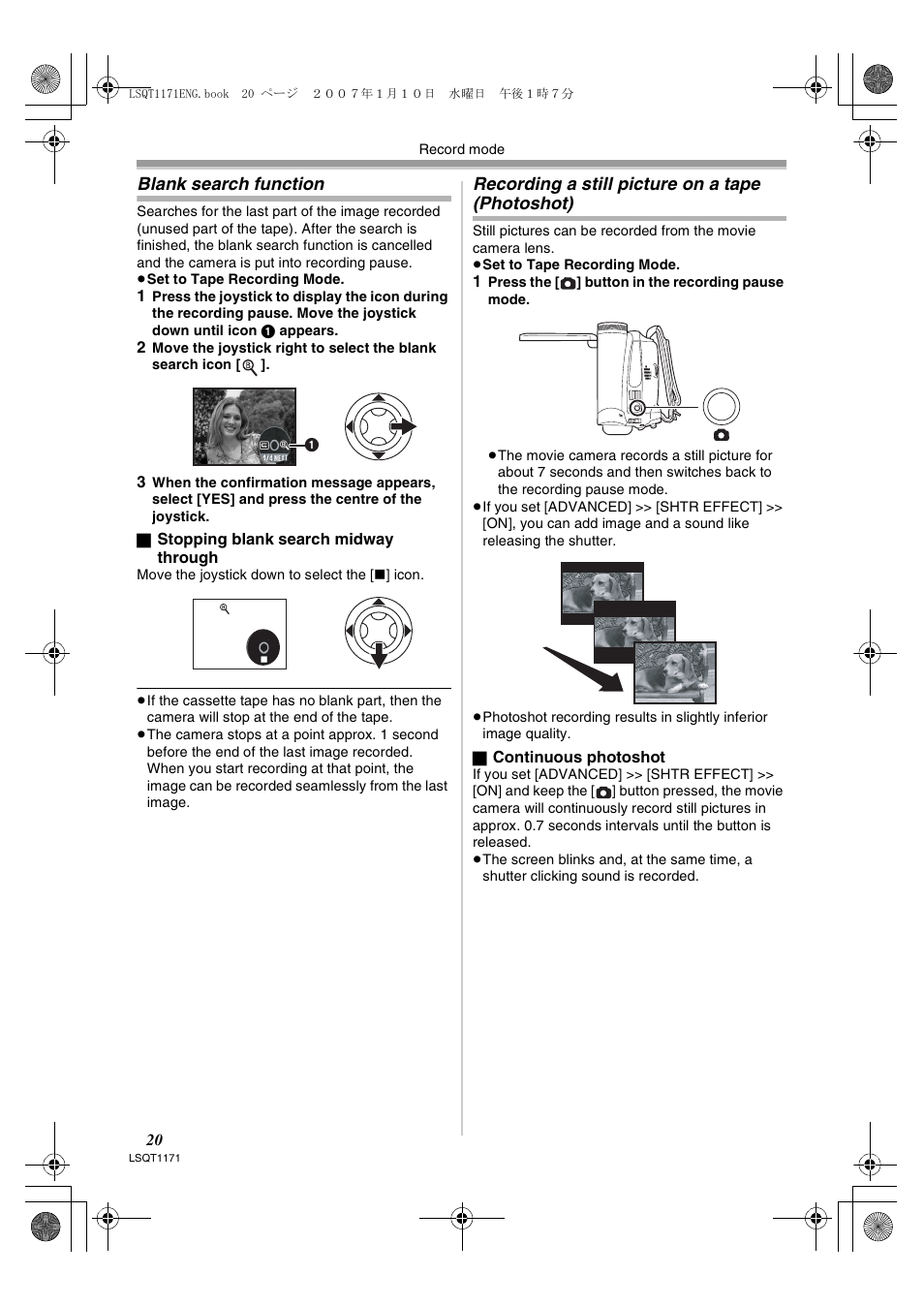 Blank search function, Recording a still picture on a tape (photoshot) | Panasonic NVGS60EP User Manual | Page 20 / 192