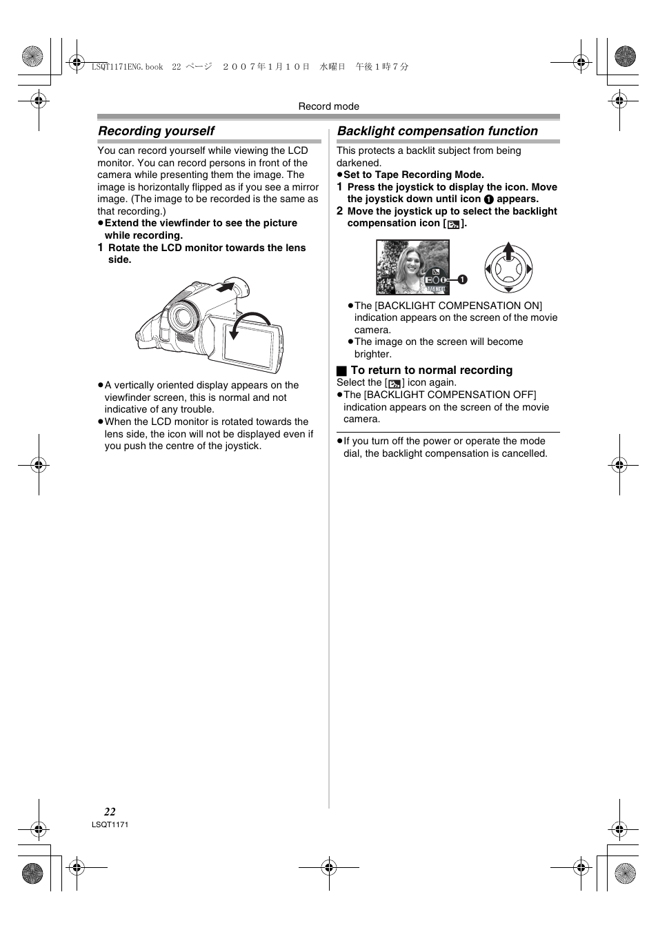 Recording yourself, Backlight compensation function | Panasonic NVGS60EP User Manual | Page 22 / 192
