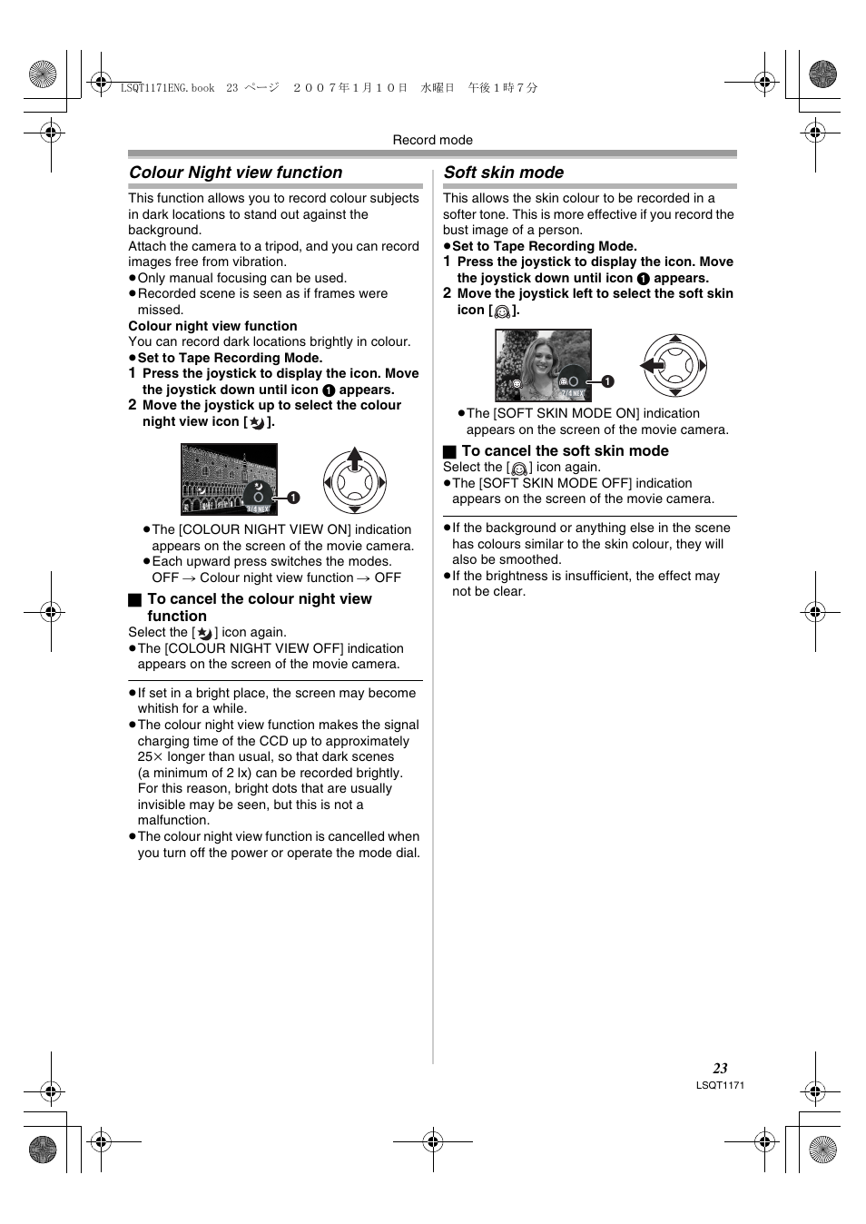 Colour night view function, Soft skin mode | Panasonic NVGS60EP User Manual | Page 23 / 192