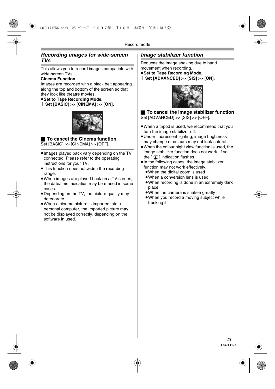 Recording images for wide-screen tvs, Image stabilizer function | Panasonic NVGS60EP User Manual | Page 25 / 192