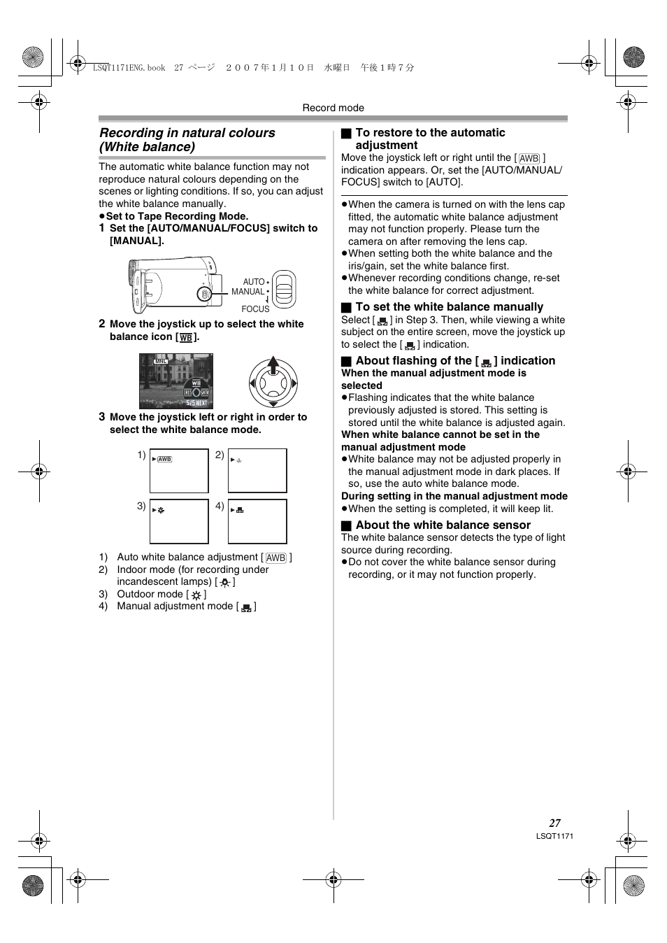 Recording in natural colours (white balance) | Panasonic NVGS60EP User Manual | Page 27 / 192
