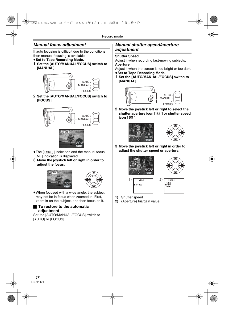 Manual focus adjustment, Manual shutter speed/aperture adjustment | Panasonic NVGS60EP User Manual | Page 28 / 192