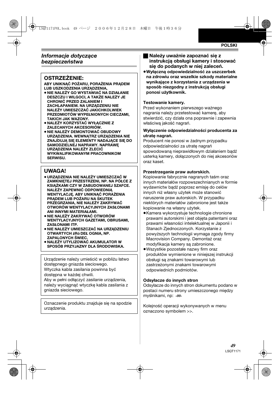 Informacje dotyczące bezpieczeństwa, Ostrzeżenie, Uwaga | Panasonic NVGS60EP User Manual | Page 49 / 192