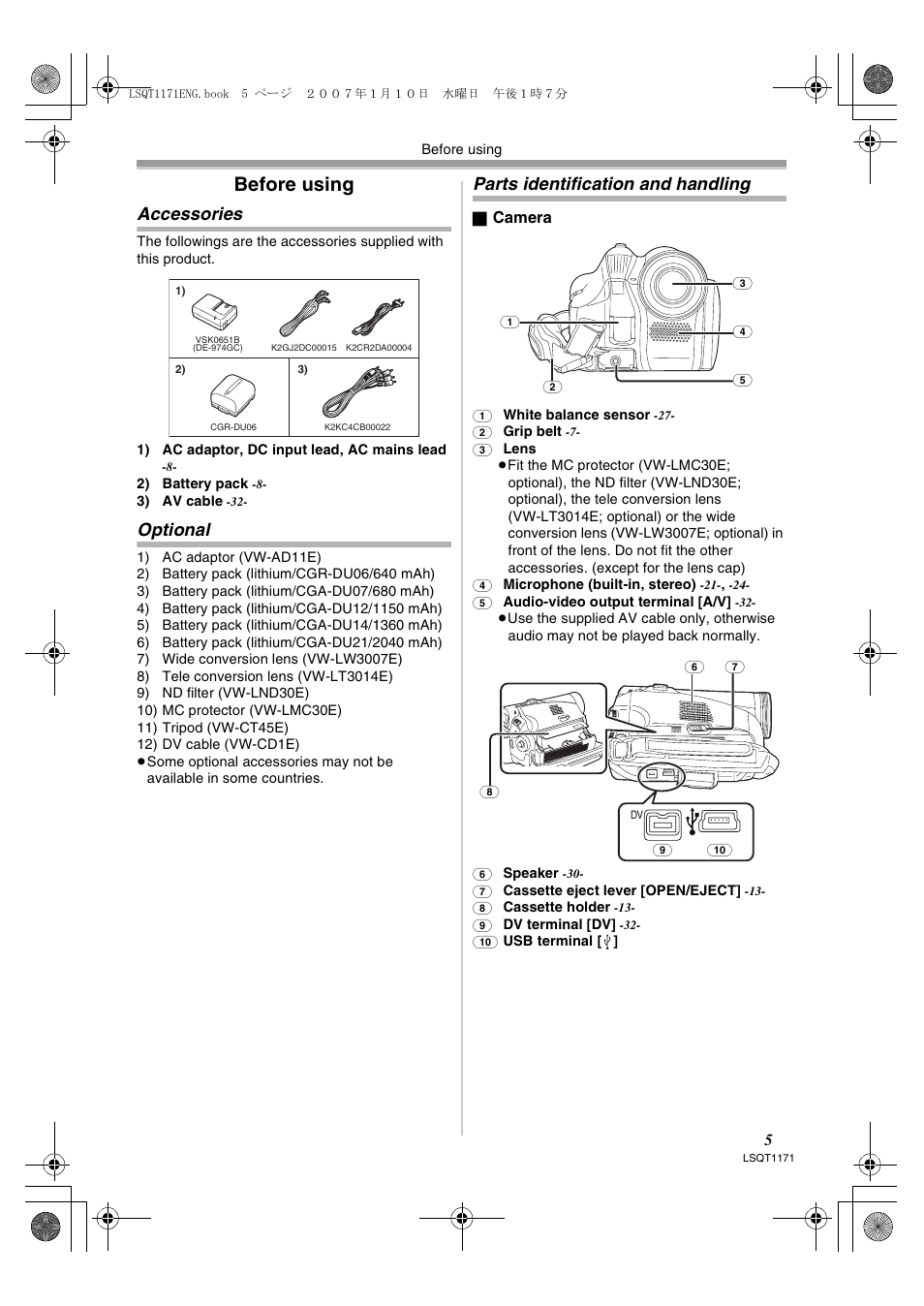 Before using, Accessories, Optional | Parts identification and handling | Panasonic NVGS60EP User Manual | Page 5 / 192
