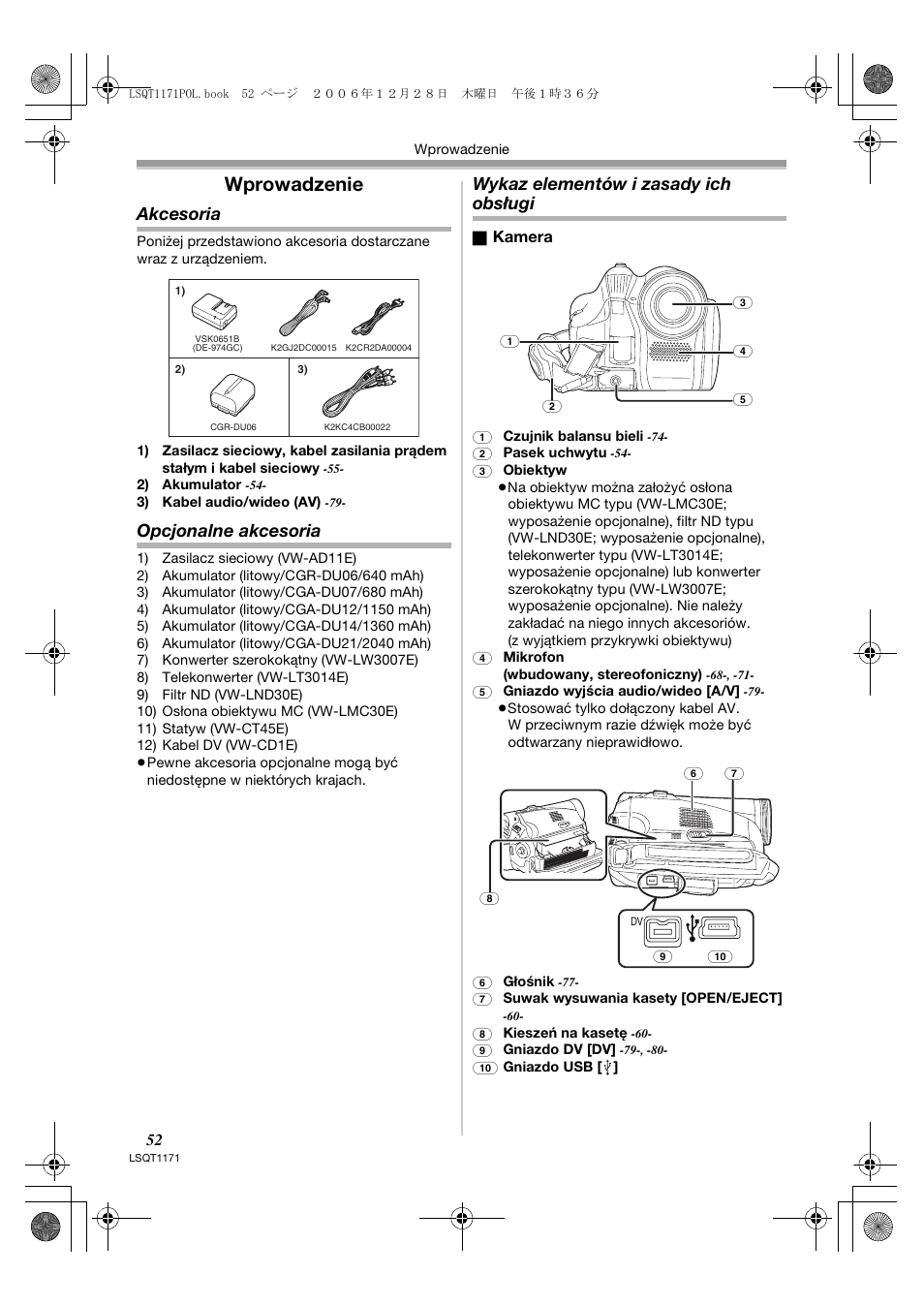 Wprowadzenie, Akcesoria, Opcjonalne akcesoria | Wykaz elementów i zasady ich obsługi | Panasonic NVGS60EP User Manual | Page 52 / 192