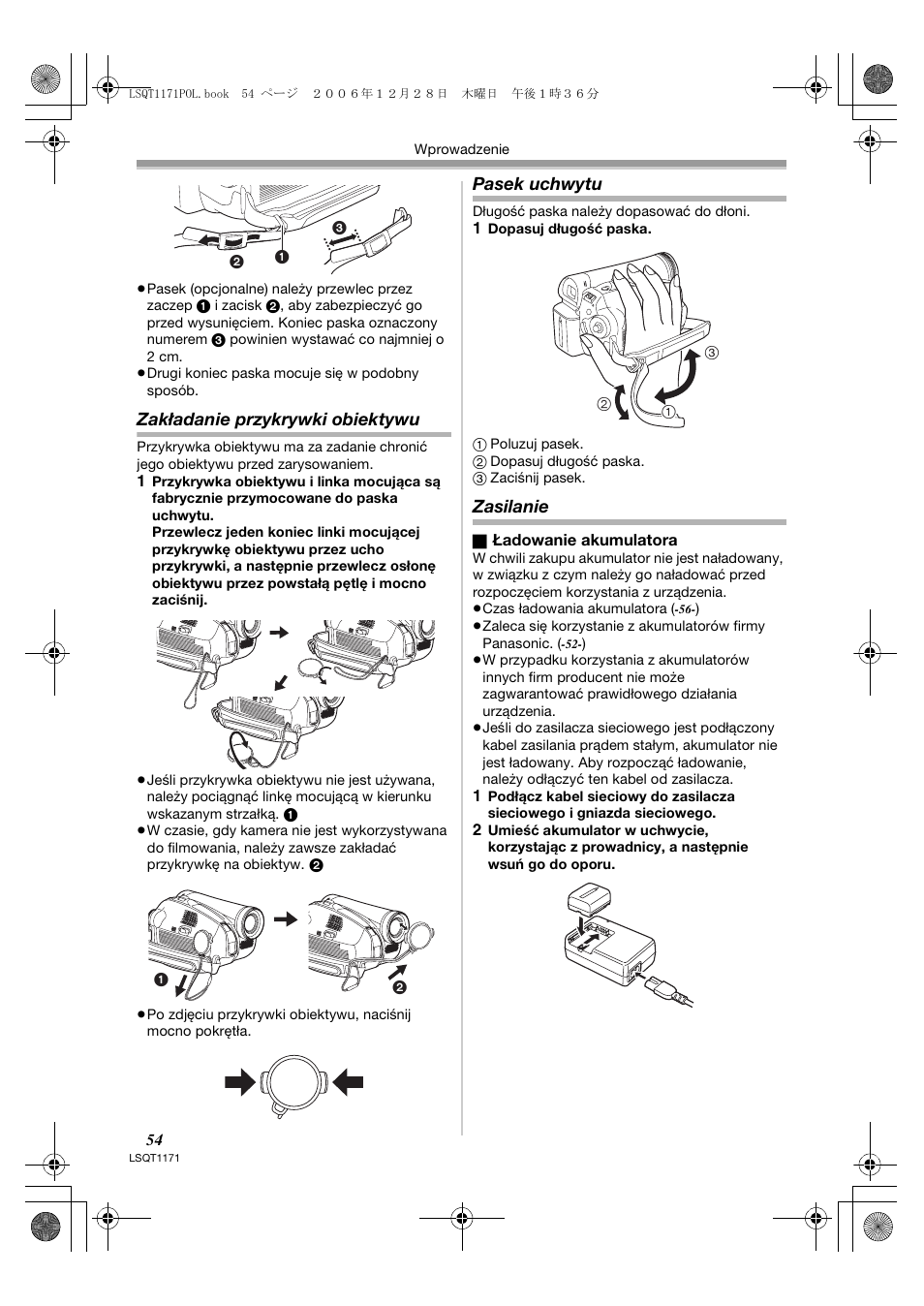 Zakładanie przykrywki obiektywu, Pasek uchwytu, Zasilanie | Panasonic NVGS60EP User Manual | Page 54 / 192