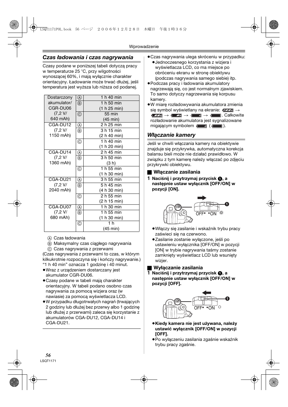 Czas ładowania i czas nagrywania, Włączanie kamery | Panasonic NVGS60EP User Manual | Page 56 / 192