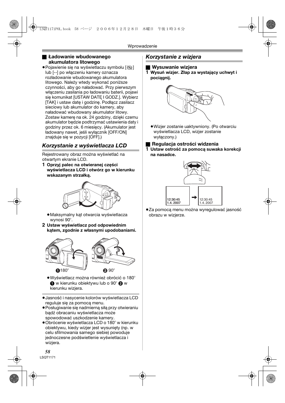 Korzystanie z wyświetlacza lcd, Korzystanie z wizjera | Panasonic NVGS60EP User Manual | Page 58 / 192