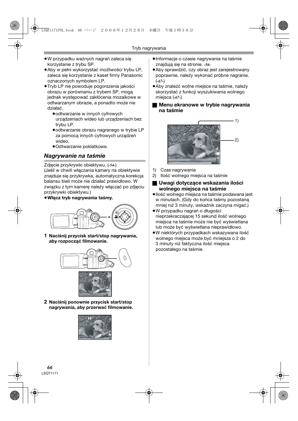 Nagrywanie na taśmie | Panasonic NVGS60EP User Manual | Page 66 / 192
