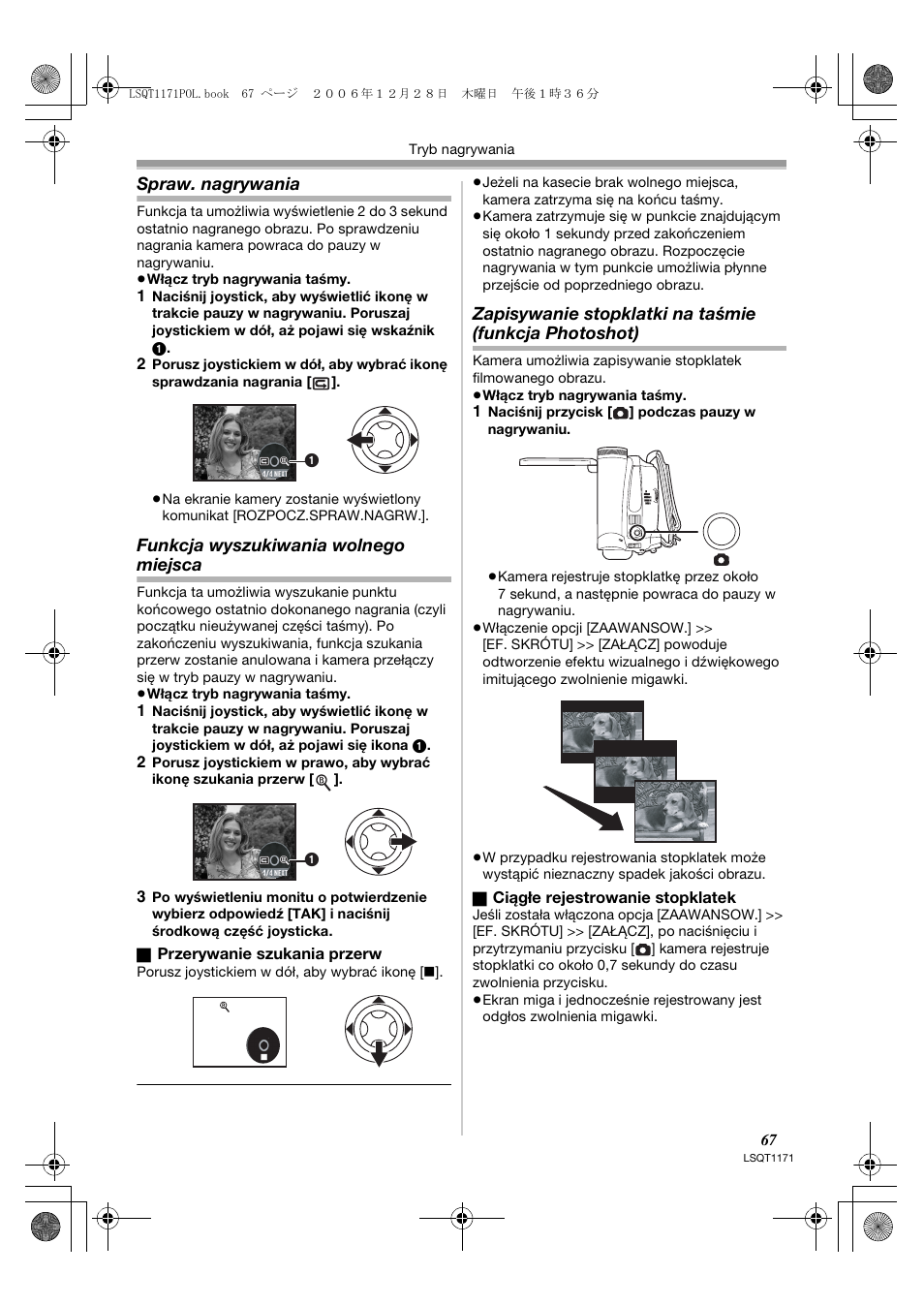 Spraw. nagrywania, Funkcja wyszukiwania wolnego miejsca | Panasonic NVGS60EP User Manual | Page 67 / 192