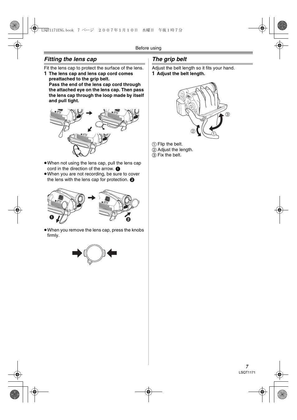 Fitting the lens cap, The grip belt | Panasonic NVGS60EP User Manual | Page 7 / 192