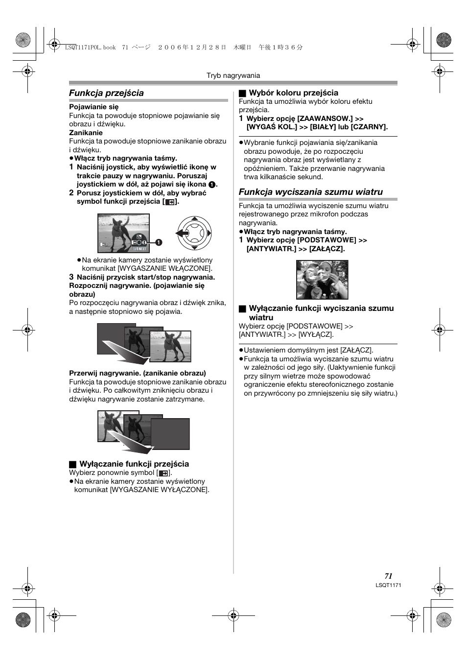 Funkcja przejścia, Funkcja wyciszania szumu wiatru | Panasonic NVGS60EP User Manual | Page 71 / 192