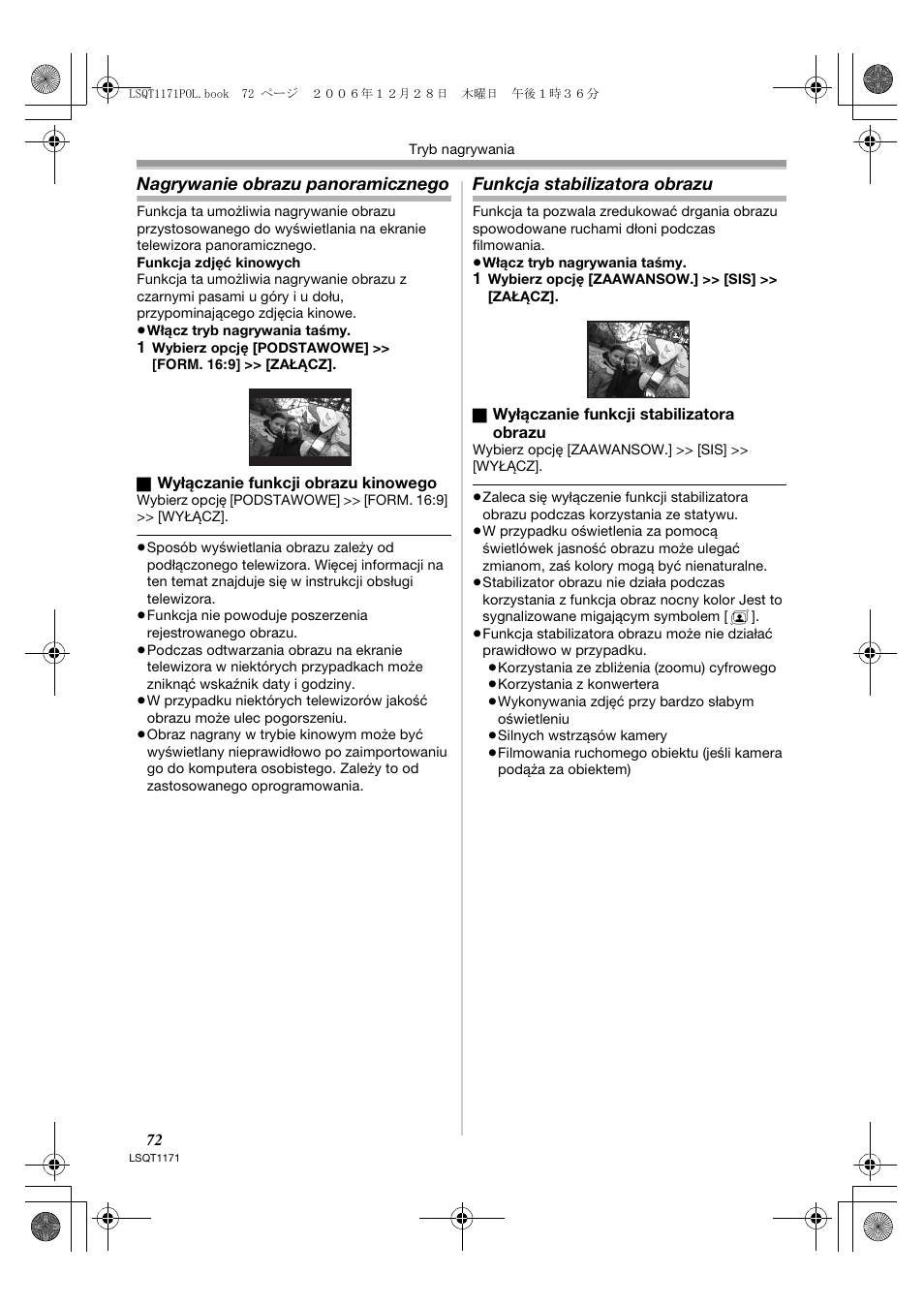 Nagrywanie obrazu panoramicznego, Funkcja stabilizatora obrazu | Panasonic NVGS60EP User Manual | Page 72 / 192